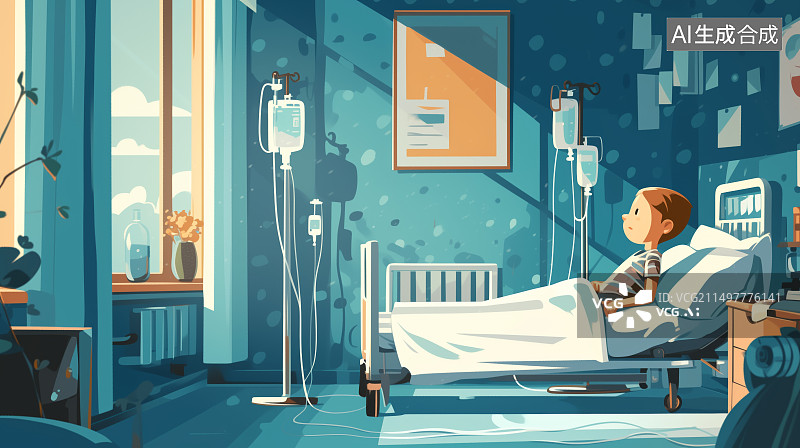 【AI数字艺术】卡通儿童看病打针输液住院插画图片素材