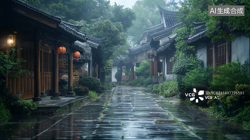 【AI数字艺术】雨中的江南古镇风景图片素材