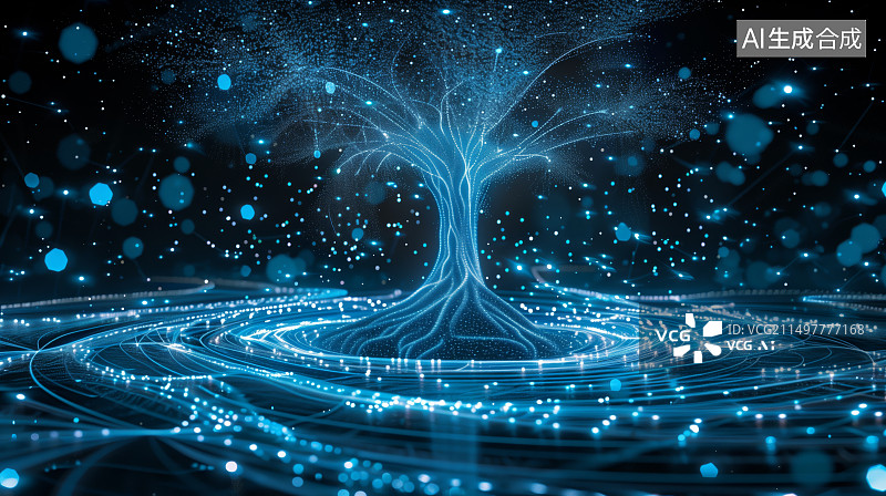 【AI数字艺术】蓝色发光科技粒子树背景图片素材
