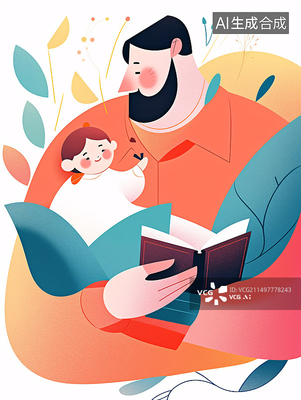 【AI数字艺术】父亲节爸爸和孩子一起看书图片素材