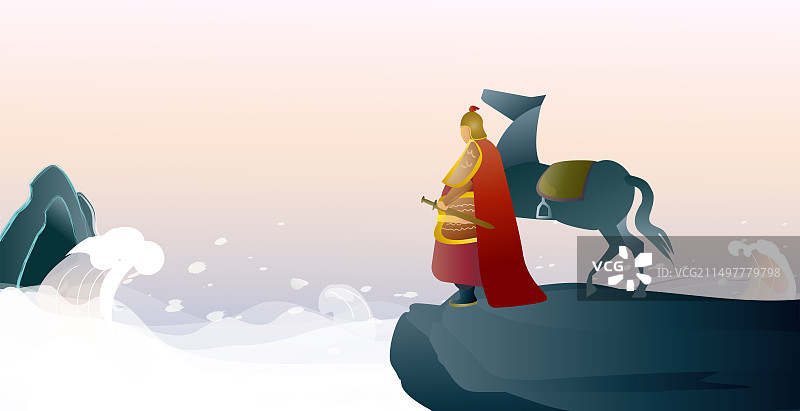 古代三国演义名将和马站在江水边图片素材