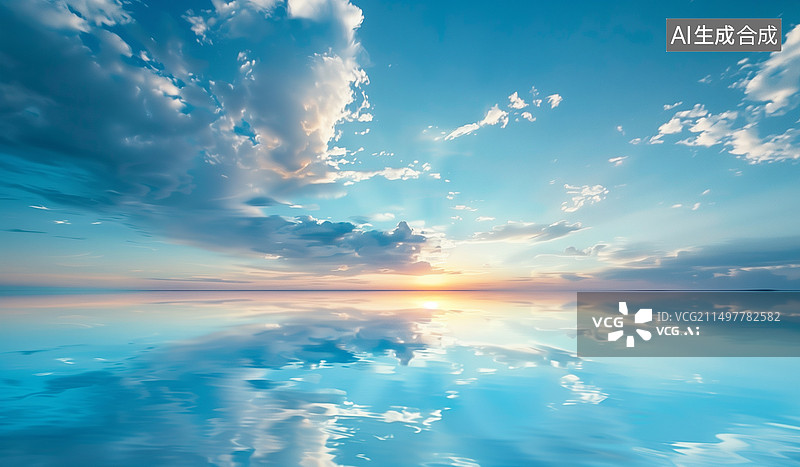 【AI数字艺术】多云的蓝天在蓝色的海面上留下地平线图片素材