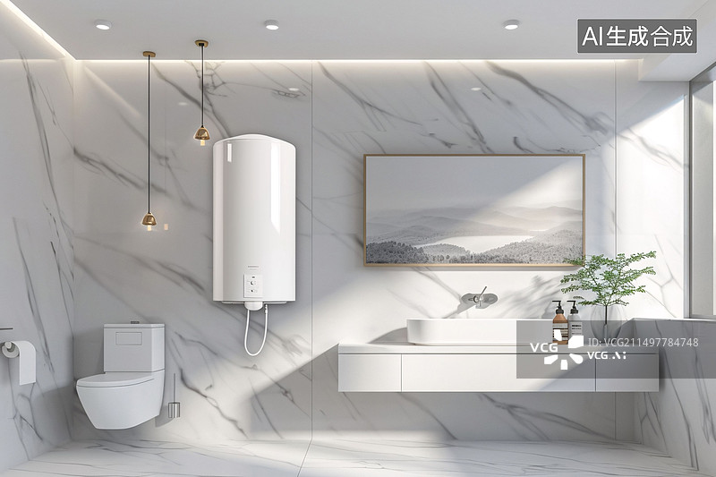 【AI数字艺术】带热水器现代浴室装饰方案室内设计插图图片素材
