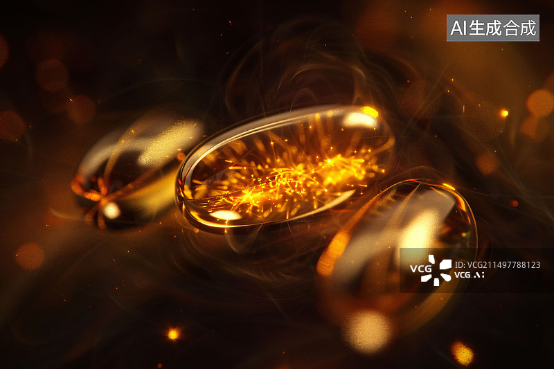 【AI数字艺术】金色胶囊药物维生素D鱼油医疗健康概念插图图片素材