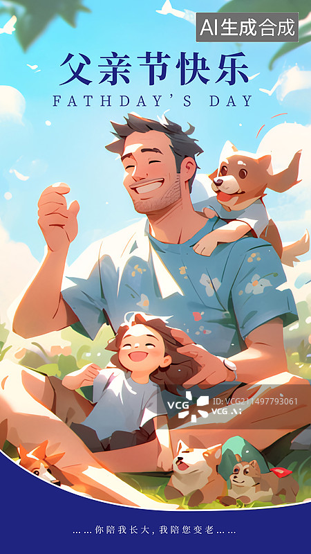 【AI数字艺术】爸爸与女儿与宠物父亲节开心快乐父子图片素材