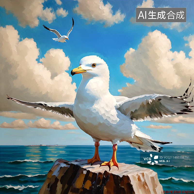 【AI数字艺术】海鸥，天地一沙鸥，大海，手绘油画图片素材