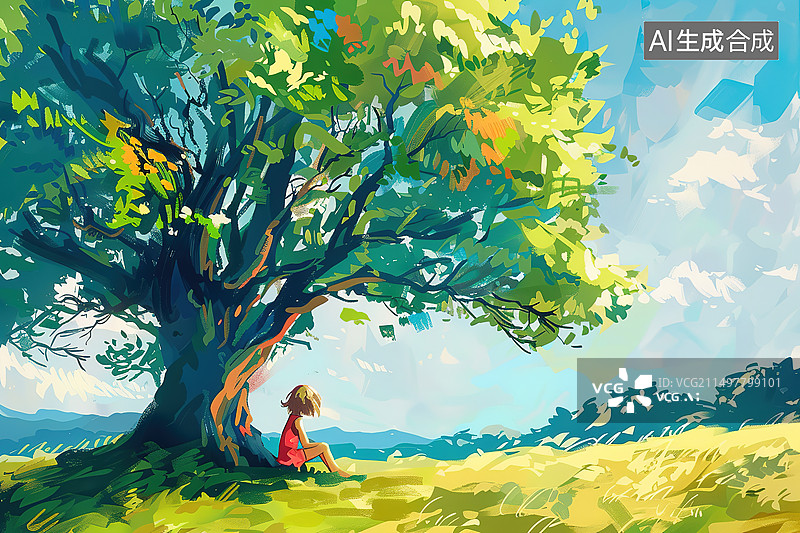 【AI数字艺术】夏日大树下乘凉的女孩图片素材