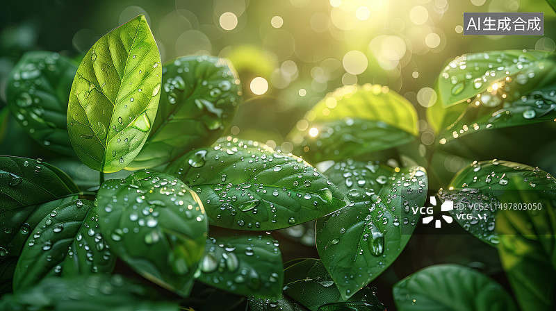 【AI数字艺术】阳光下的绿叶和露珠特写图片素材
