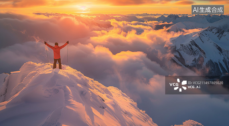 【AI数字艺术】站在白雪皑皑的山上的人图片素材