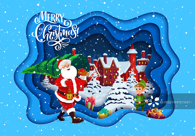 圣诞剪纸：圣诞老人、松树与精灵图片素材