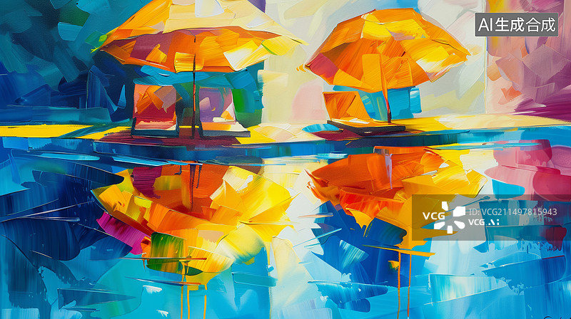 【AI数字艺术】夏天游泳池酒店庭院阳伞躺椅度假放松风景插画背景banner印象派油画笔触二十四节气图片素材