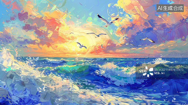 【AI数字艺术】油画,笔触,夏季,夏日,夏天,春天,天空,海鸥,云,海,沙滩,海滩,海浪,光,背景,插图,广告,插画图片素材
