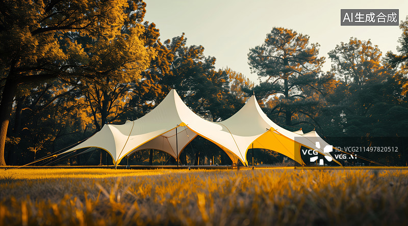 【AI数字艺术】晴朗的天气，户外草坪上的白色露营天幕帐篷图片素材