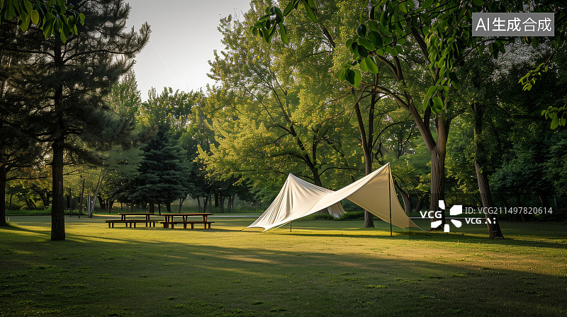 【AI数字艺术】晴朗的天气，户外草坪上的白色露营天幕帐篷图片素材