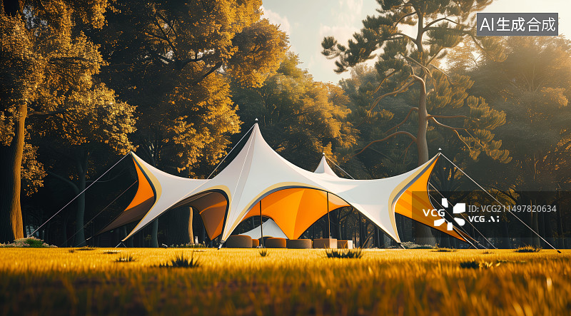 【AI数字艺术】晴朗的天气，户外草坪上的白色露营天幕帐篷图片素材