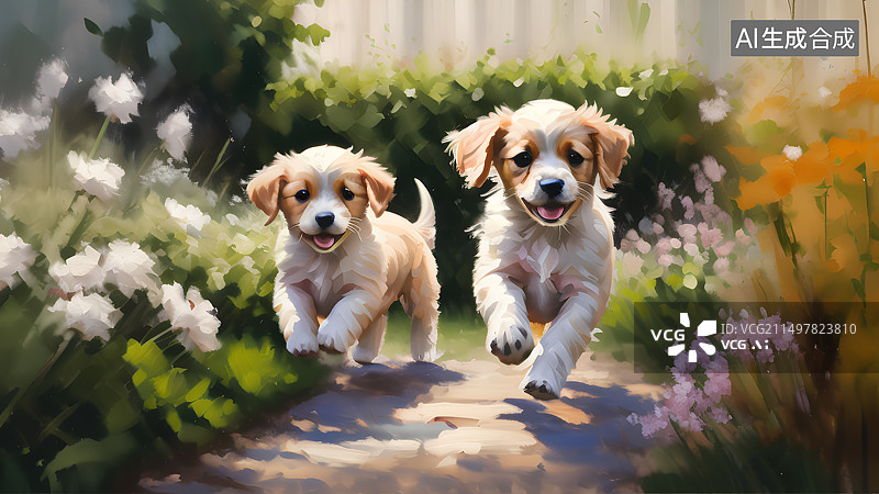 【AI数字艺术】在花园里奔跑嬉戏的可爱宠物狗，手绘油画插画图片素材