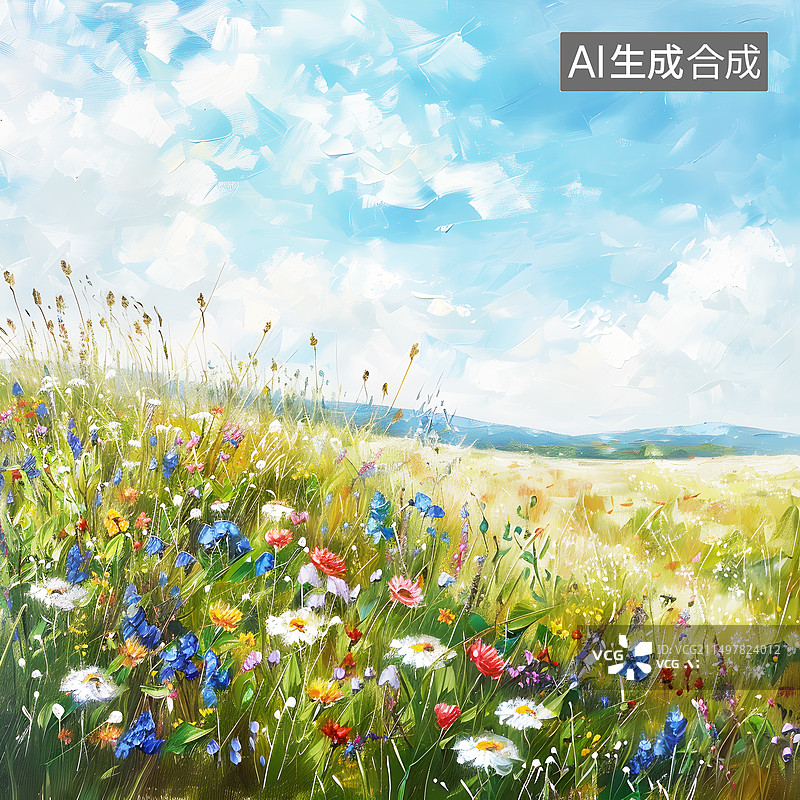 【AI数字艺术】AIGC：夏日户外盛开的野花 油画风格 自然风景背景图片素材