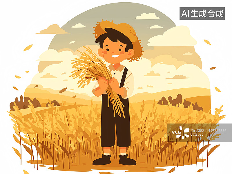 【AI数字艺术】农民抱着小麦谷物丰收节气卡通海报图片素材