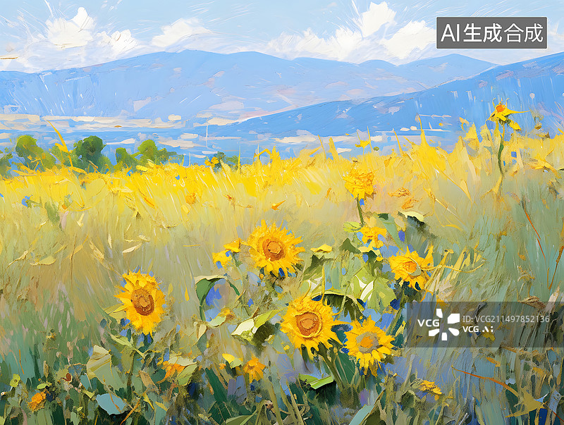 【AI数字艺术】花园里的向日葵特写油画插画图片素材