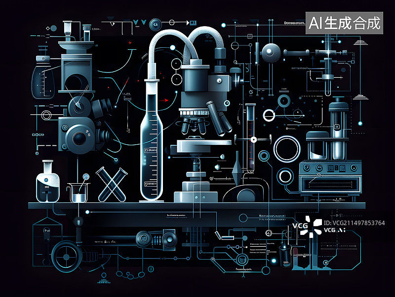 【AI数字艺术】实验室的玻璃仪器X光射线感艺术风格图片素材