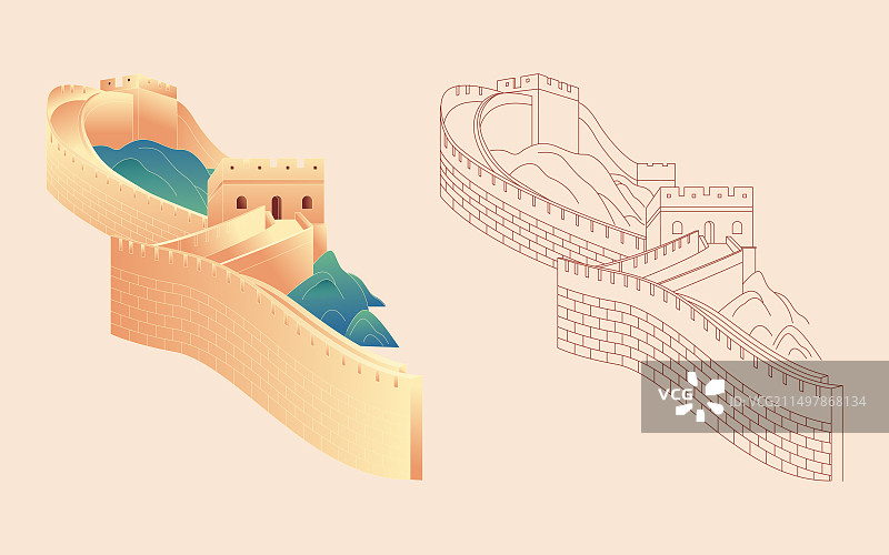 国风北京城市古代建筑颐和园长城矢量插画图片素材