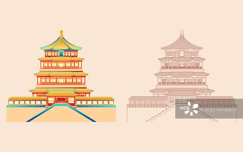 国风北京城市古代建筑颐和园长城矢量插画图片素材
