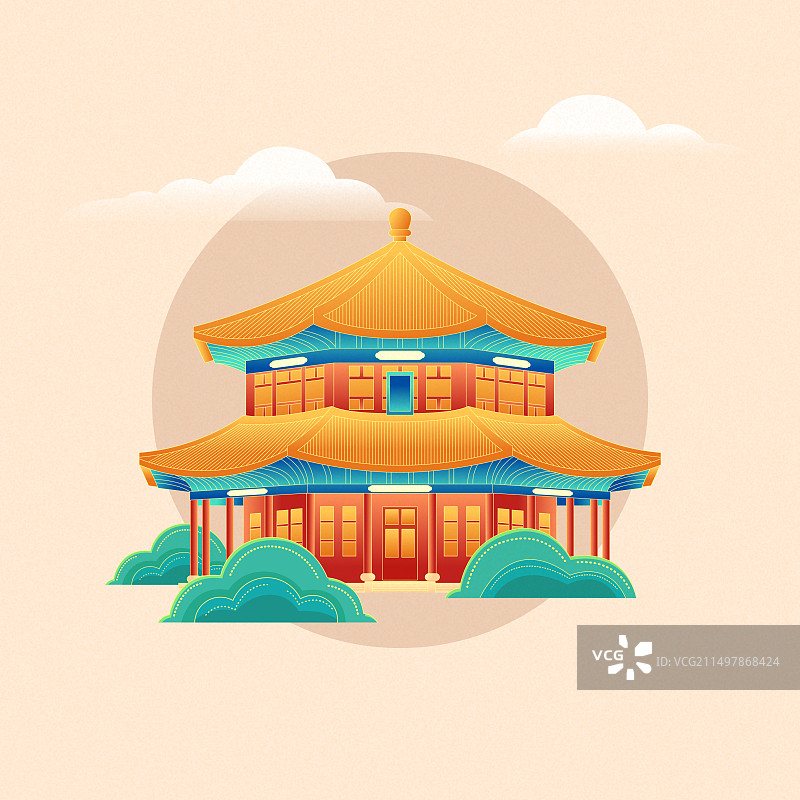 国风青岛城市古代建筑栈桥矢量插画图片素材