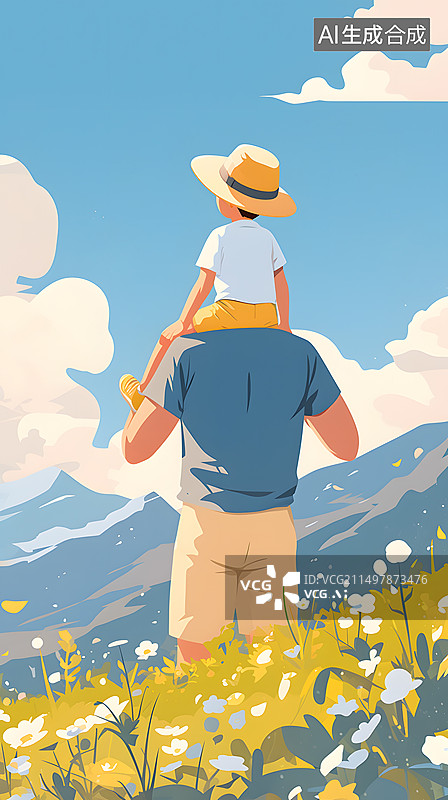 【AI数字艺术】儿子坐在爸爸肩上看远处风景的插画海报图片素材