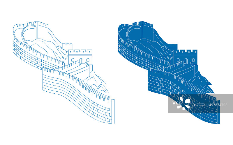 蓝色北京城市古代建筑剪影线稿矢量插画图片素材