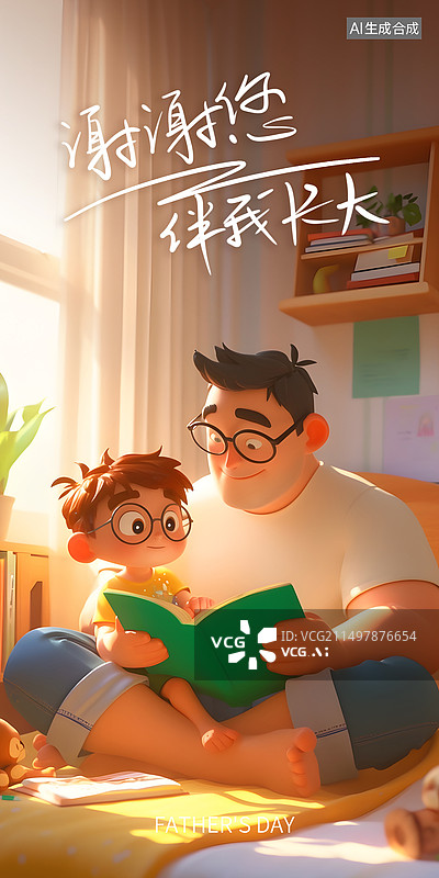 【AI数字艺术】父亲节爸爸和儿子一起看书的3D海报图片素材