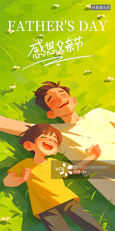 【AI数字艺术】父亲节和儿子躺地上插画海报图片素材