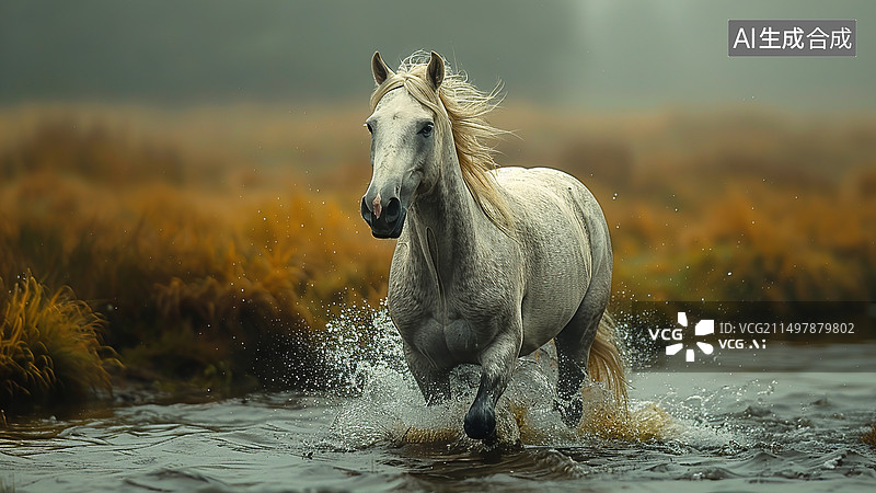 【AI数字艺术】中国传统农历十二生肖马年白马穿过河流奔跑图片素材