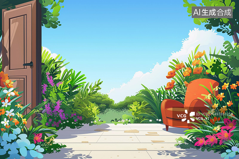 【AI数字艺术】夏天鲜花盛开的花园插画图片素材