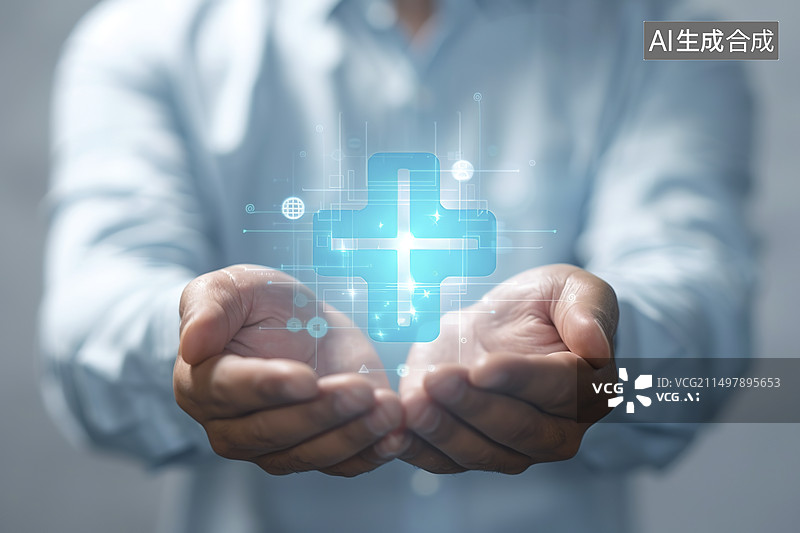 【AI数字艺术】医生手捧一个蓝色科技放光的红十字标识图片素材