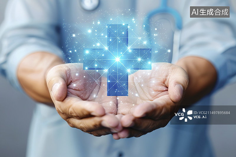 【AI数字艺术】医生手捧一个蓝色科技放光的红十字标识图片素材