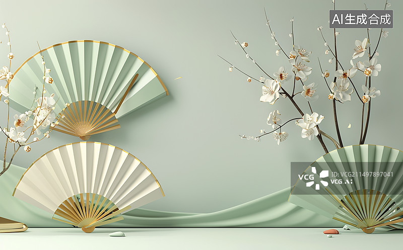 【AI数字艺术】清新绿折扇国风背景图片素材