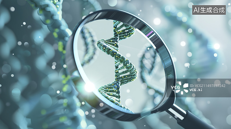 【AI数字艺术】用放大镜近距离观察DNA链图片素材
