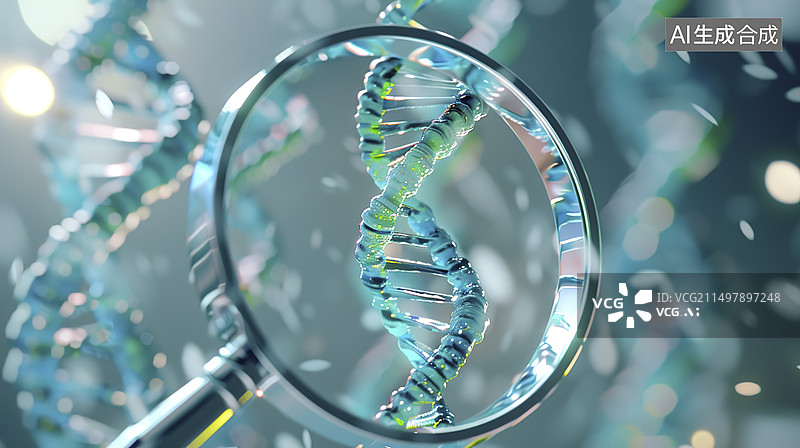 【AI数字艺术】用放大镜近距离观察DNA链图片素材