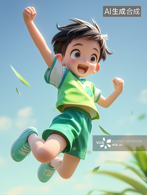 【AI数字艺术】3D男孩高兴的跳起来图片素材