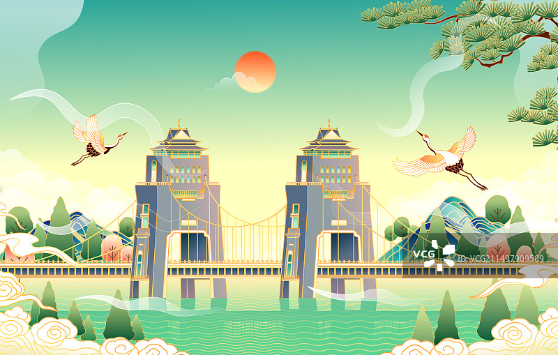 江苏扬州万福大桥风景矢量插画图片素材
