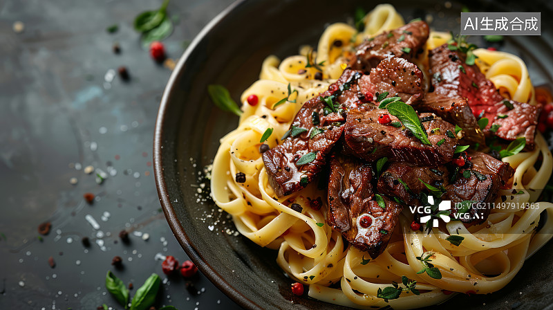 【AI数字艺术】一碟健康美味的黑椒牛柳意粉图片素材