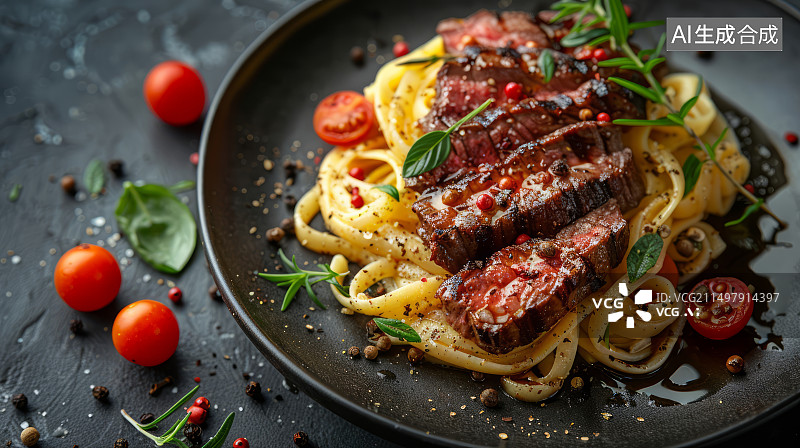 【AI数字艺术】一碟健康美味的黑椒牛柳意粉图片素材