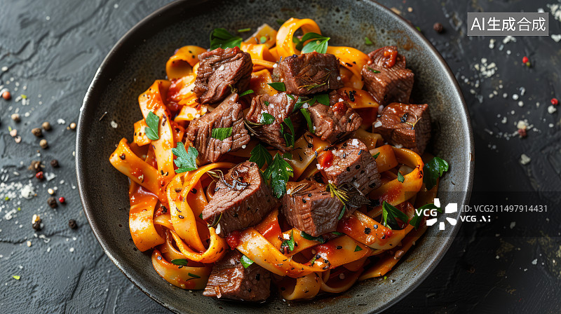 【AI数字艺术】一碟健康美味的黑椒牛柳意粉图片素材