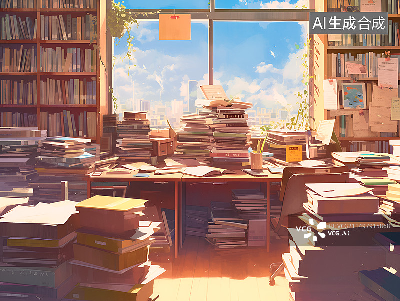 【AI数字艺术】学校图书馆书柜书架图书陈列插画图片素材
