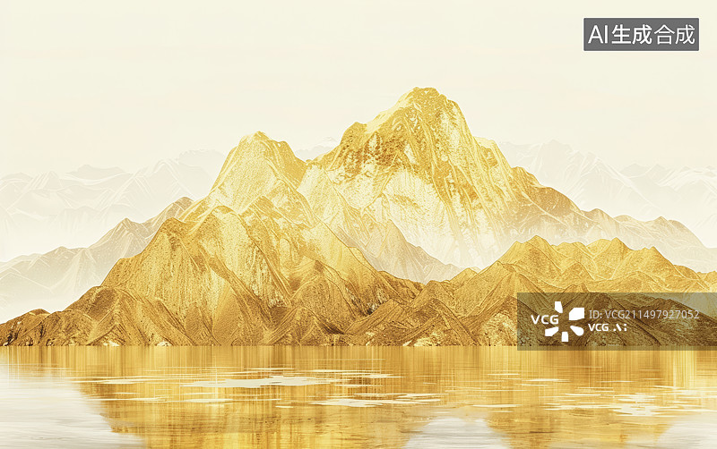 【AI数字艺术】金色山景地形水面倒影背景图片素材