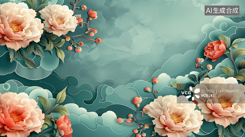 【AI数字艺术】牡丹花与青色中式传统文化背景图片素材