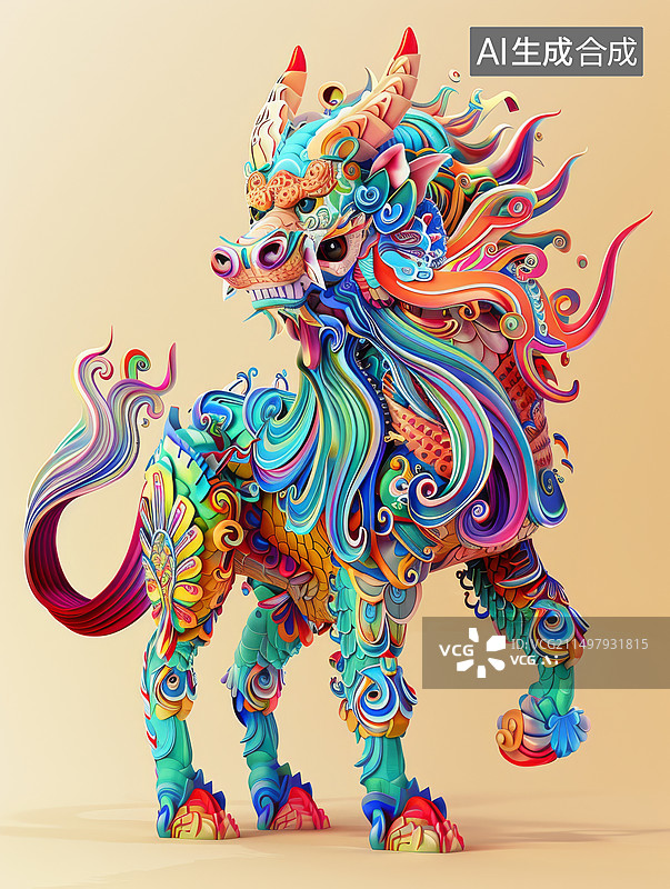 【AI数字艺术】彩色的麒麟瑞兽插画图片素材