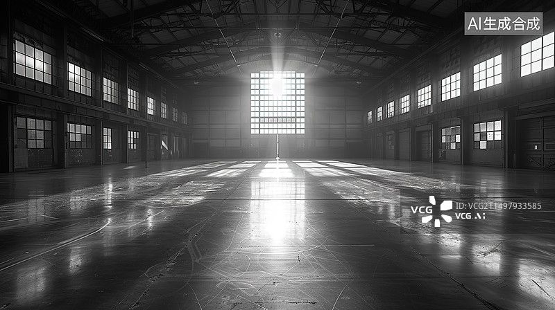 【AI数字艺术】阳光透过窗户的仓库黑白内景图片素材