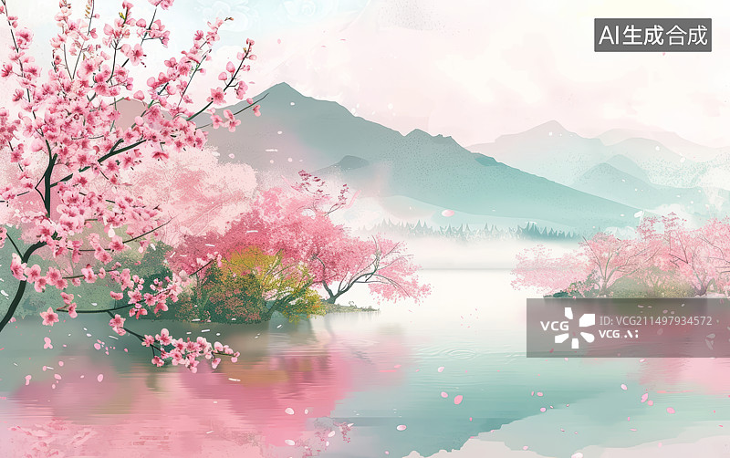 【AI数字艺术】粉色桃花绿色山水画水墨画插画背景图片素材