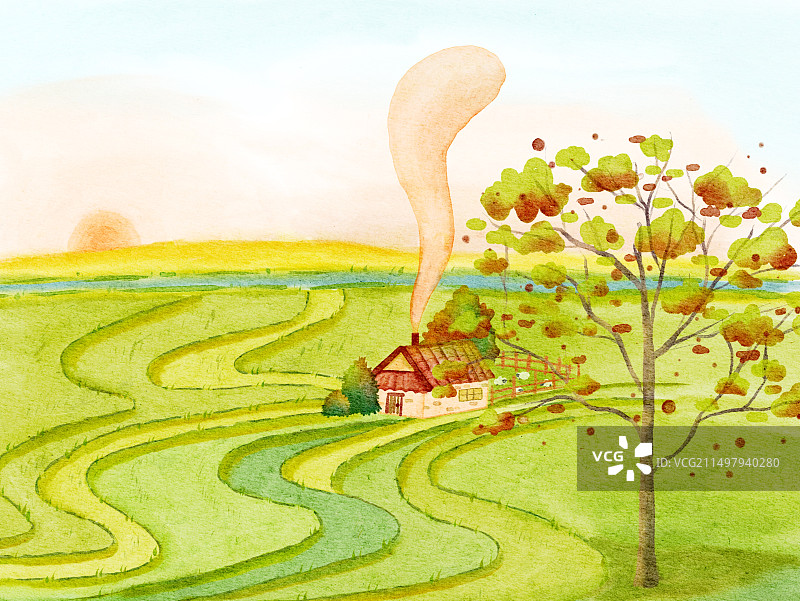 治愈系风景背景 水彩梯田插画图片素材